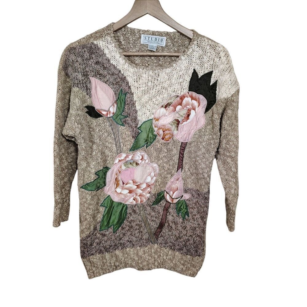 Vintage 90s Floral Applique Sweater Womens Small Chunky Textured Crewneck Knit